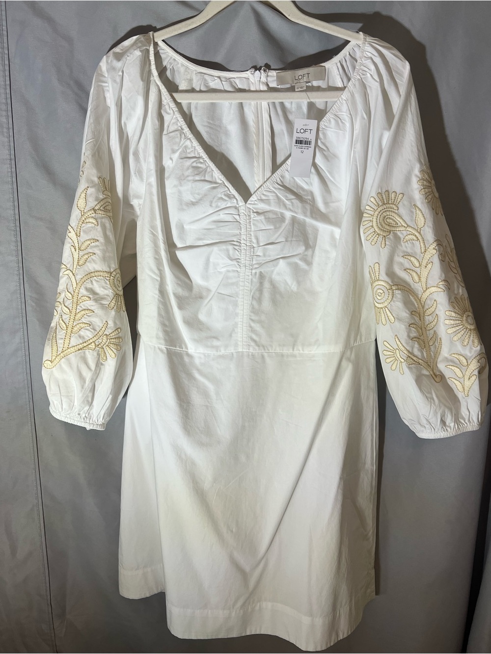 LOFT White V-Neck Dress with Gold Embroidered Sleeves